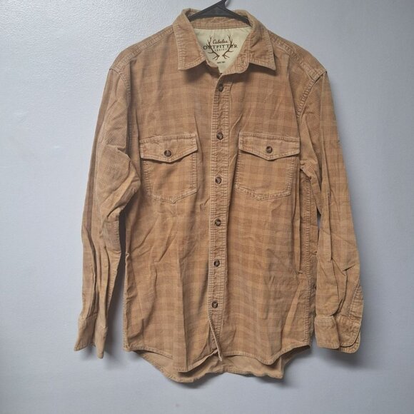 Cabelas Button Down Flannel Cotton Mens Medium‎ Tan Beige Long Sleeve Heavy Duty - Picture 1 of 6